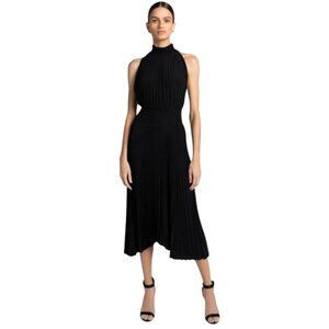 ALC Renzo Plisse Halter Midi Dress Womens 12 Black Pleated Sleeveless Mock Neck